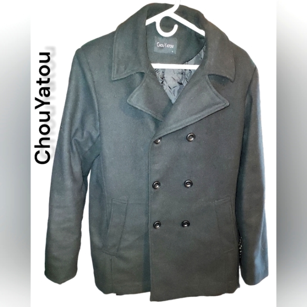 Chouyatou Men's Classic Notched Collar Double-Breasted Wool Blend Pea Coat